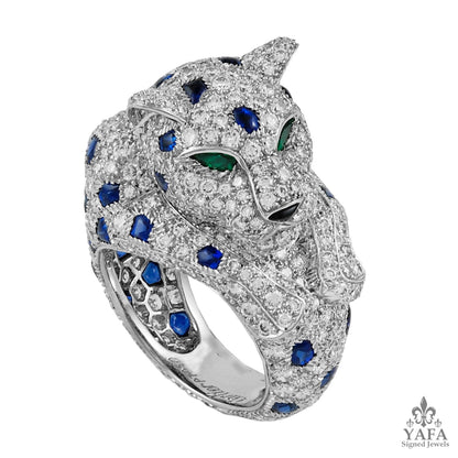 CARTIER Diamond, Sapphire, Onyx and Emerald Panther Ring