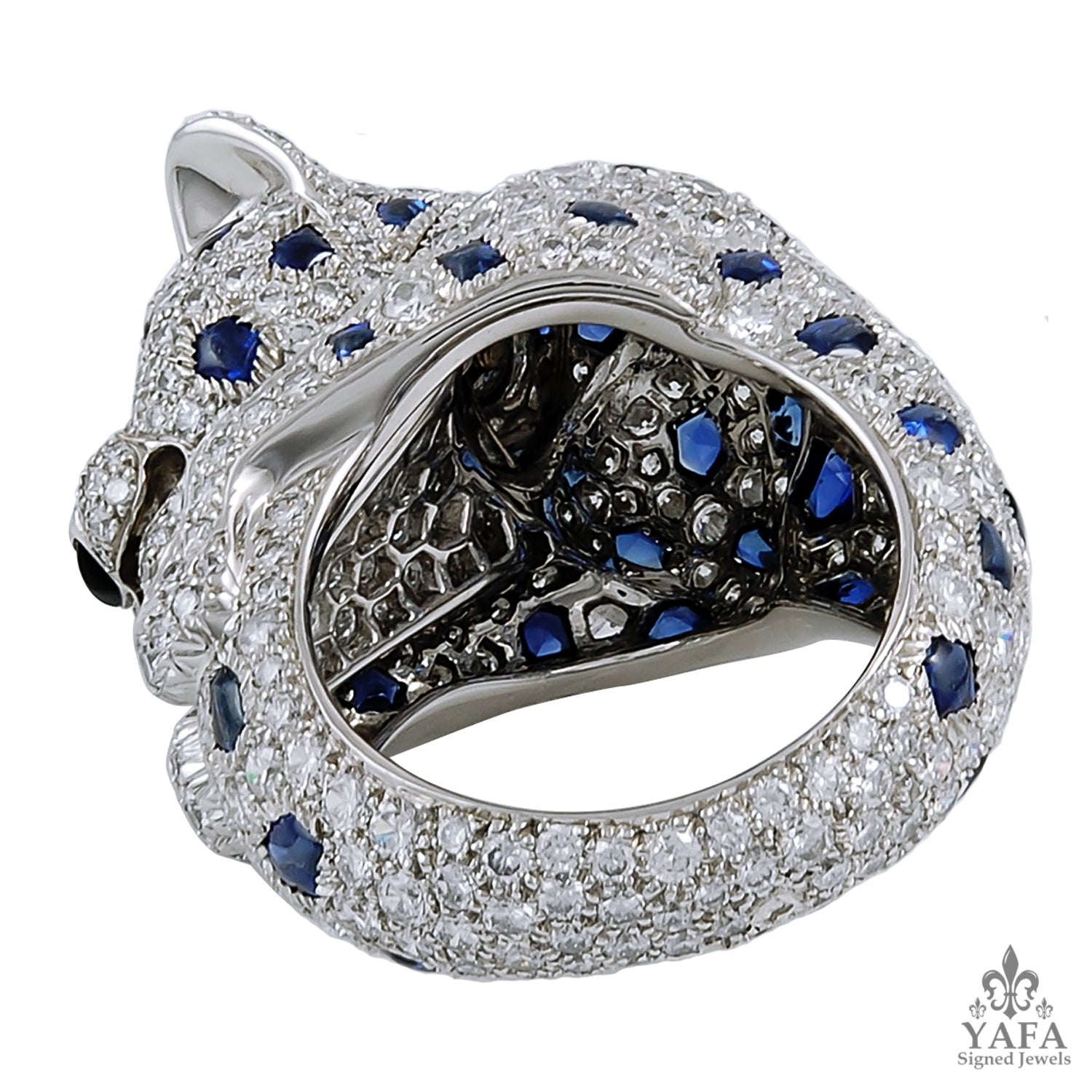 CARTIER Diamond Sapphire Onyx and Emerald Panther Ring Yafa