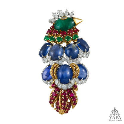 DAVID WEBB Diamond, Emerald,Ruby,Cabochon Sapphire Bird Brooch