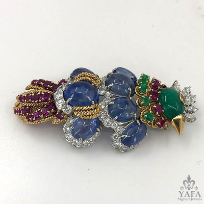 DAVID WEBB Diamond, Emerald,Ruby,Cabochon Sapphire Bird Brooch