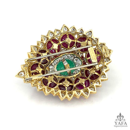 DAVID WEBB Diamond, Carved Emerald,Ruby Brooch