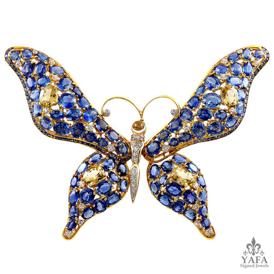 Large Blue and Yellow Sapphire Butterfly Brooch
