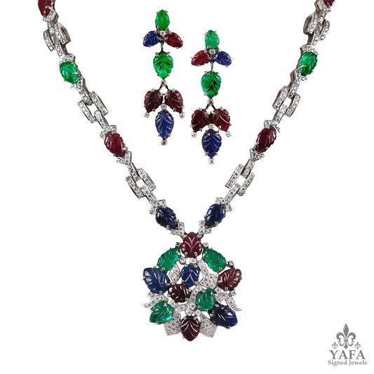 Diamond, Carved Sapphire and Emerald Necklace Suite
