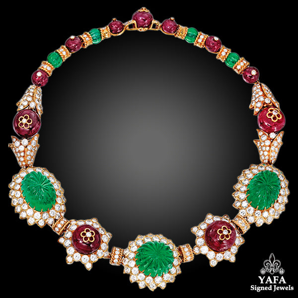 VAN CLEEF & ARPELS Carved Emerald, Ruby,Diamond Necklace-Bracelet Combination