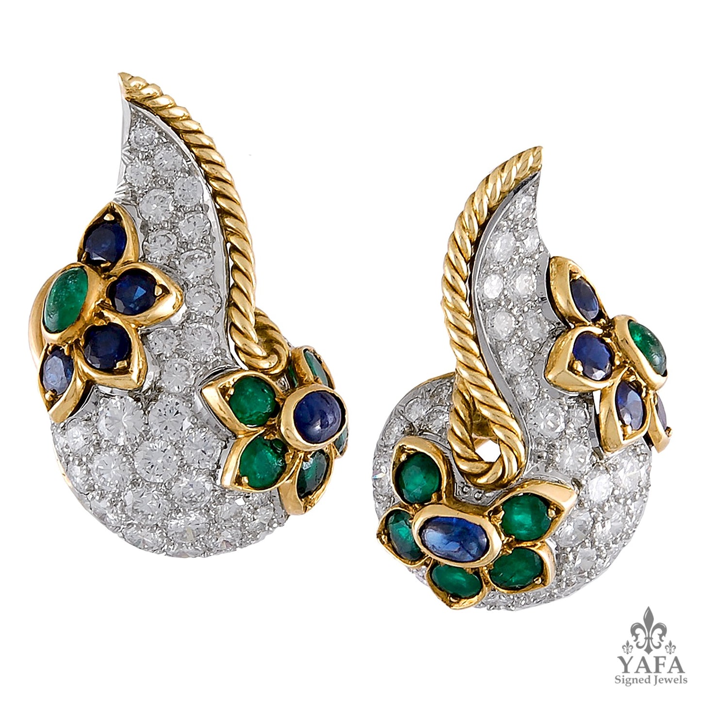 Diamond Sapphire Emerald Paisley Earrings