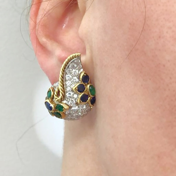 Diamond Sapphire Emerald Paisley Earrings