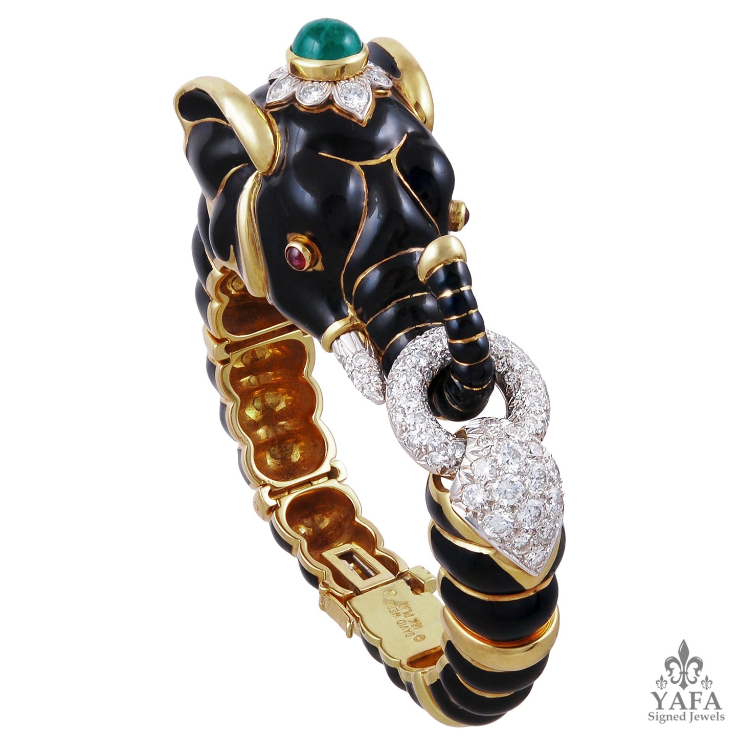 DAVID WEBB Two Tone Diamond, Emerald, Ruby Elephant Bracelet