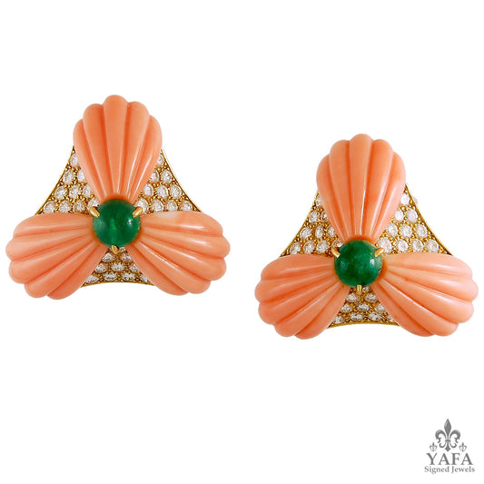 OSCAR HEYMAN Diamond, Coral, Emerald Earrings