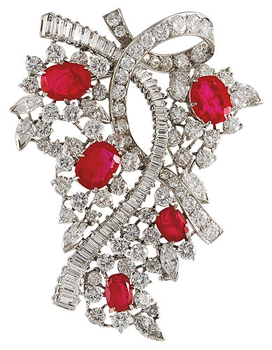 Circa 1960s 18k Gold Diamond, Ruby Brooch