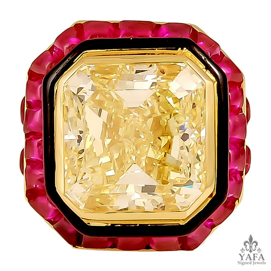DAVID WEBB Natural Fancy Yellow Diamond, Ruby Ring