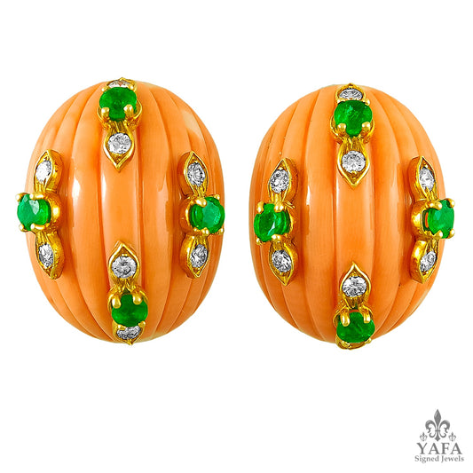 DAVID WEBB Coral, Diamond, Emerald Earrings
