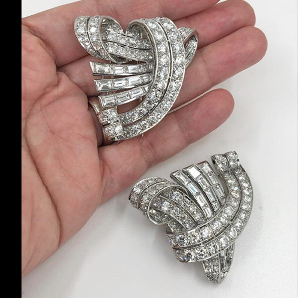 Mid-Century Diamond Double Clip Brooch Pair