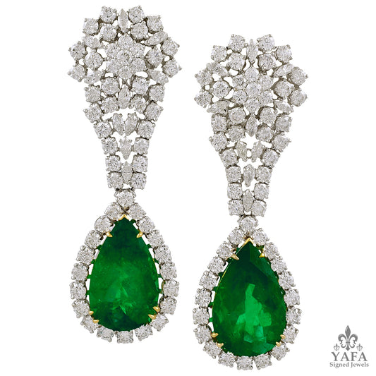 18k Gold Pear Shape Emerald, Diamond Earrings