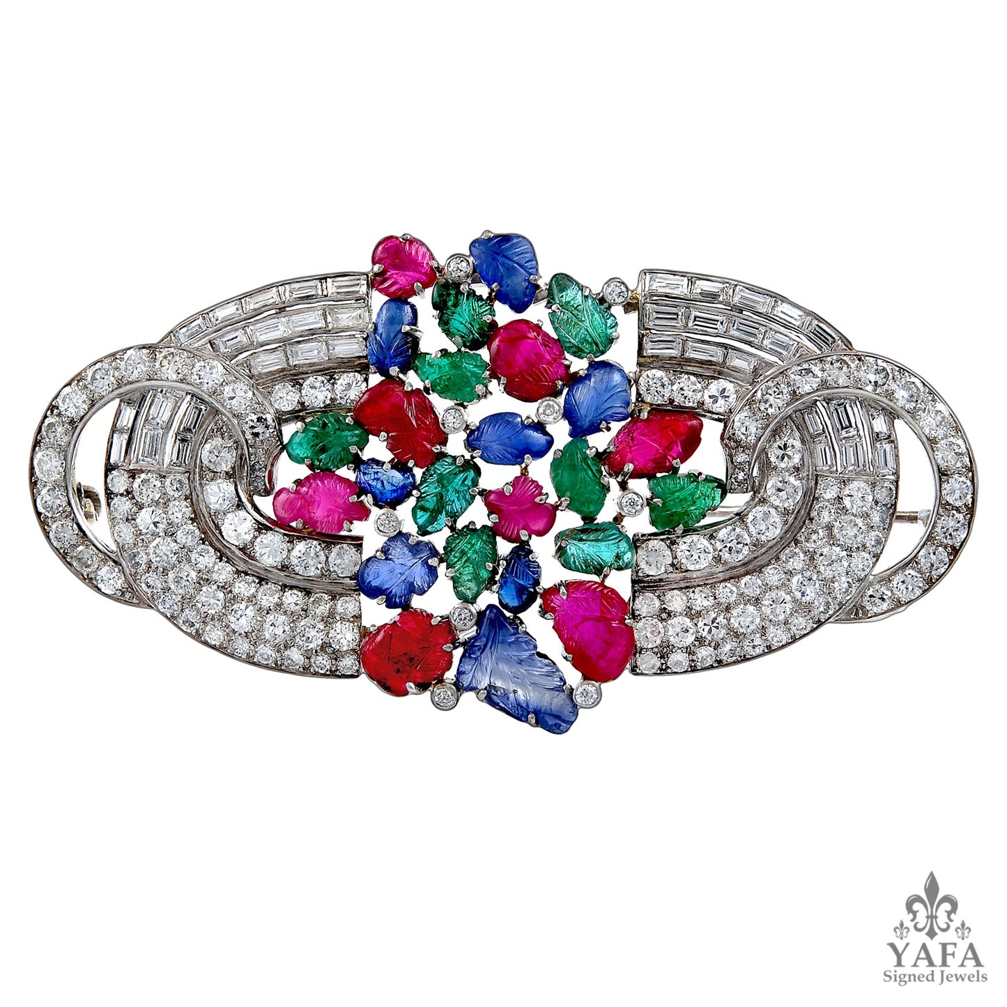 Platinum Tutti Frutti Carved Ruby, Sapphire, Emerald, Diamond Brooch