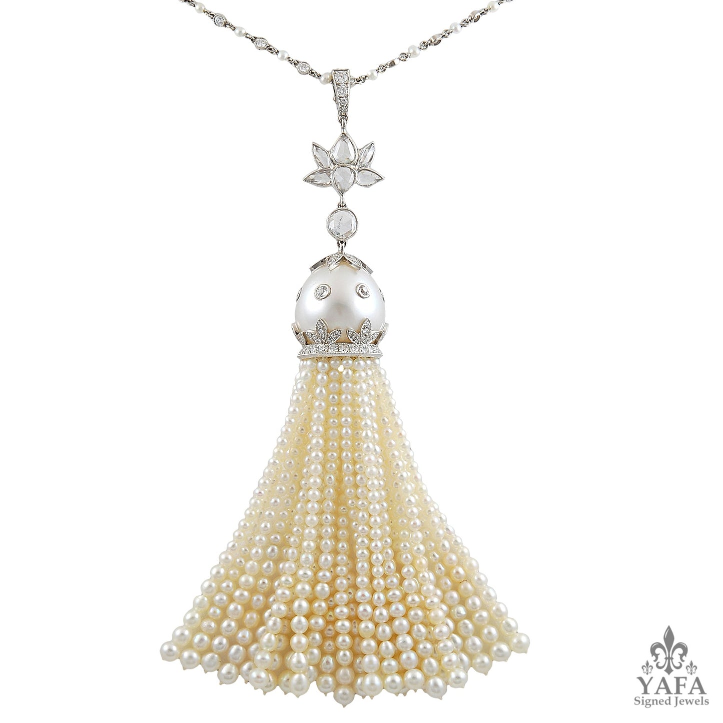 Platinum Diamond & Pearl Tassel Necklace