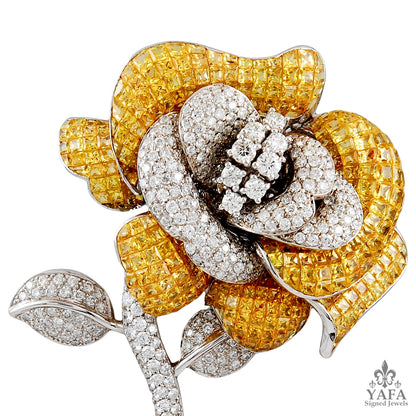 18k Gold Yellow Sapphire & Diamond Rose Brooch