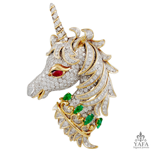 DAVID WEBB Diamond, Emerald &amp; Ruby Unicorn Brooch