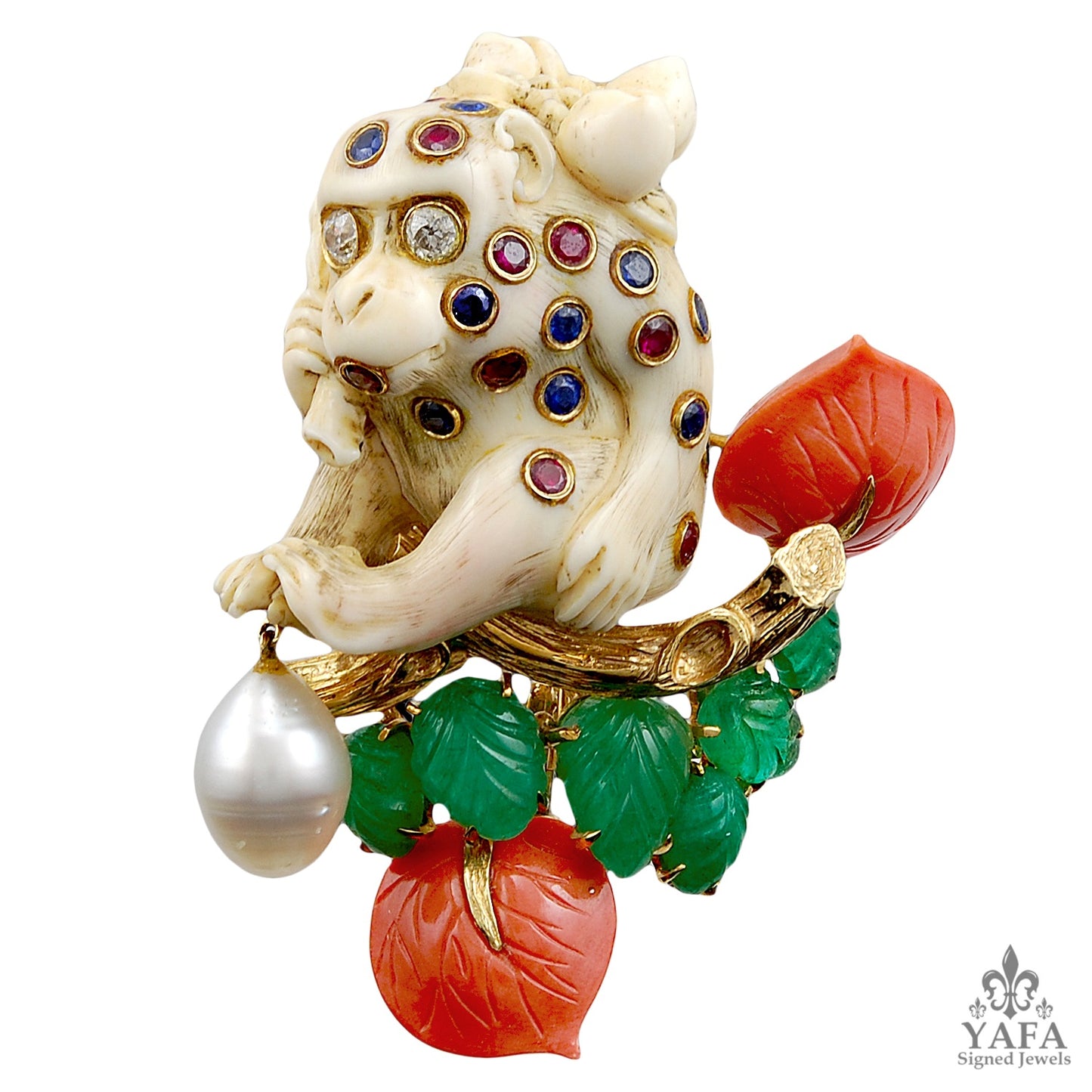 DAVID WEBB Diamond,Pearl & Colored Stone Monkey Brooch