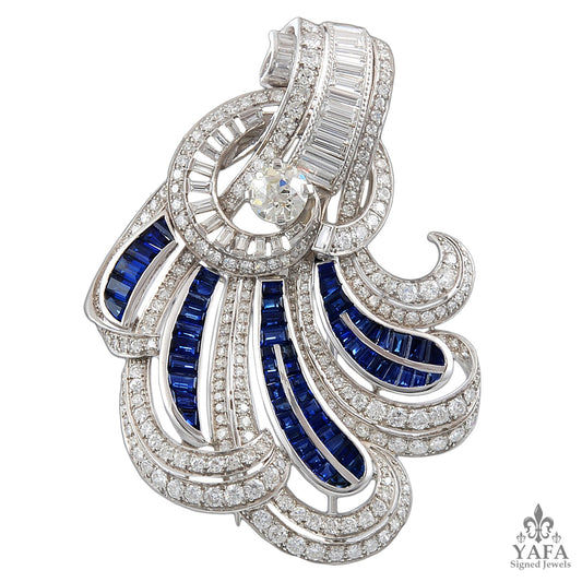 Circa 1940s  Diamond & Sapphire Scroll Brooch