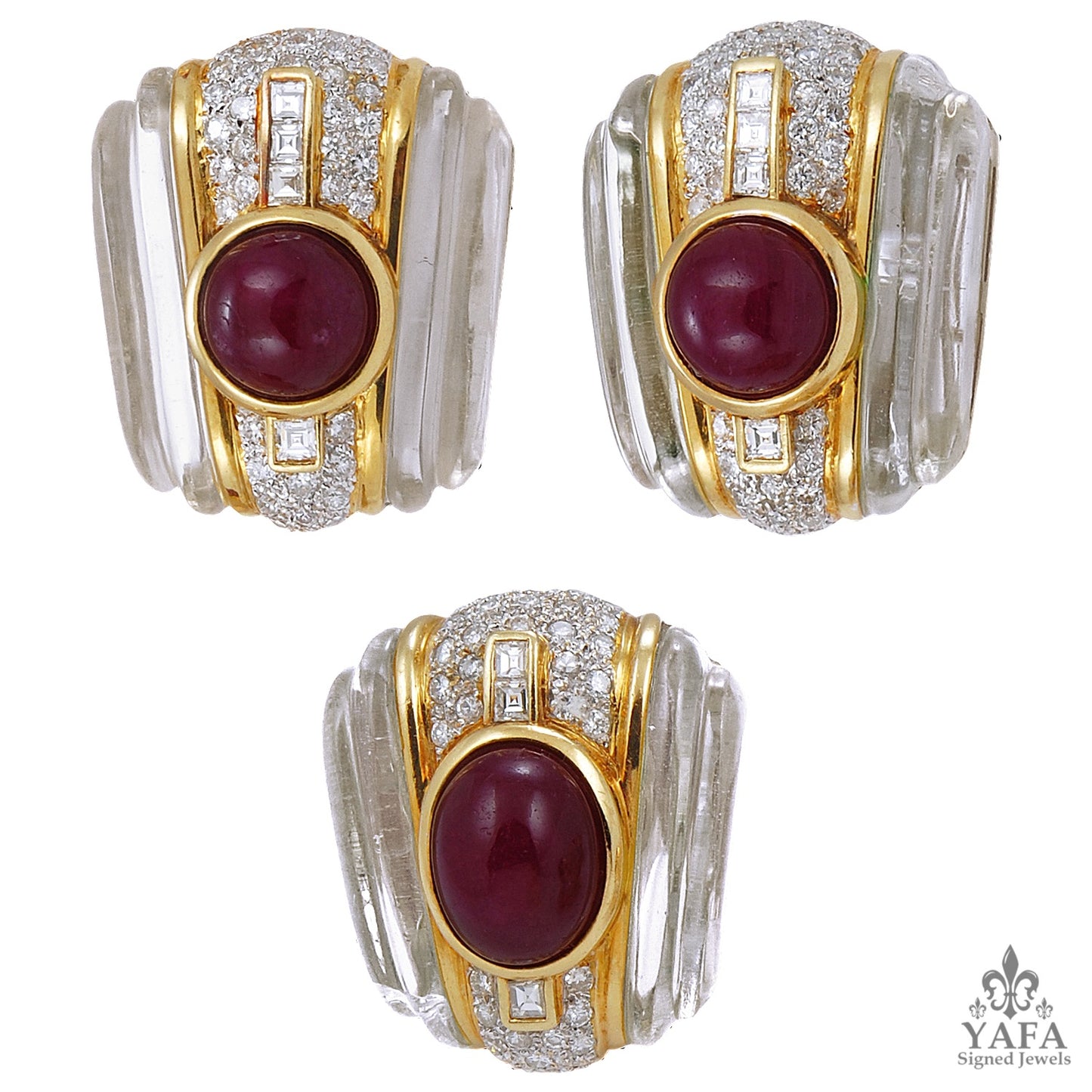 18k Gold Crystal, Cabochon Ruby & Diamond Earrings Suite