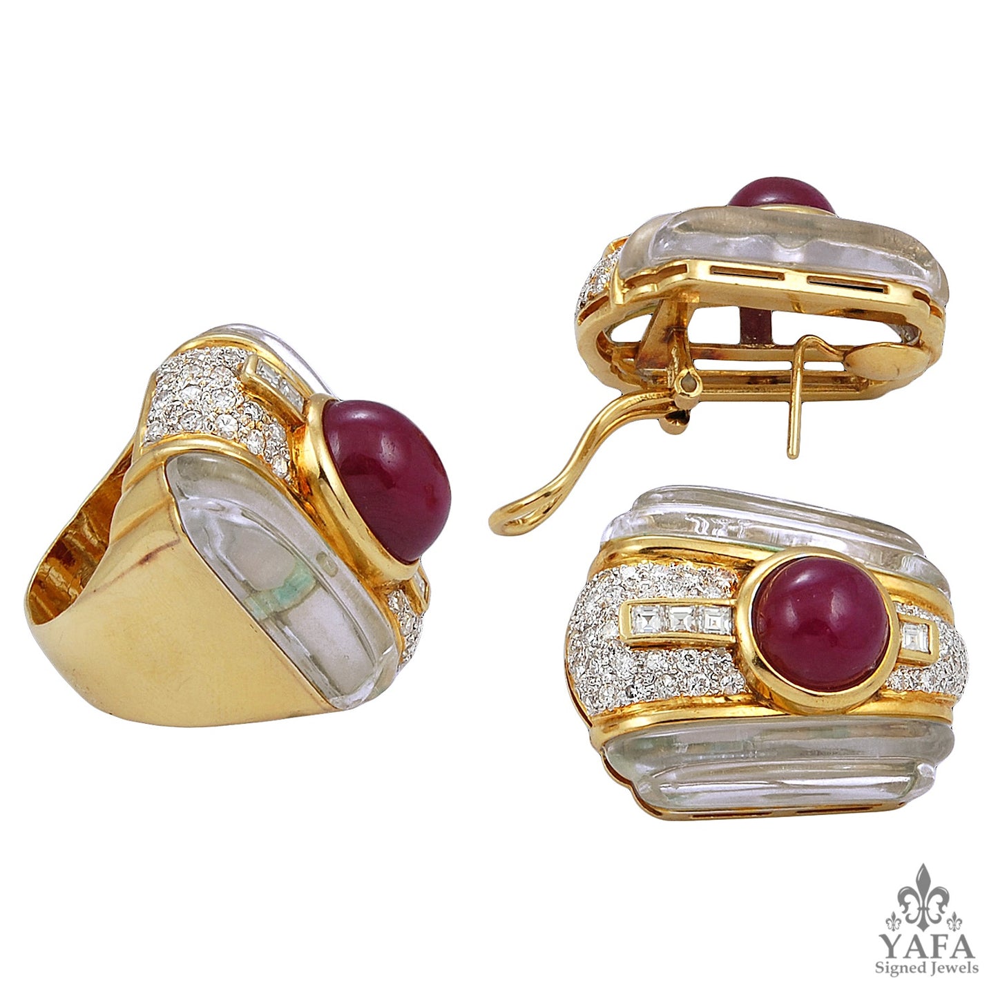 18k Gold Crystal, Cabochon Ruby & Diamond Earrings Suite