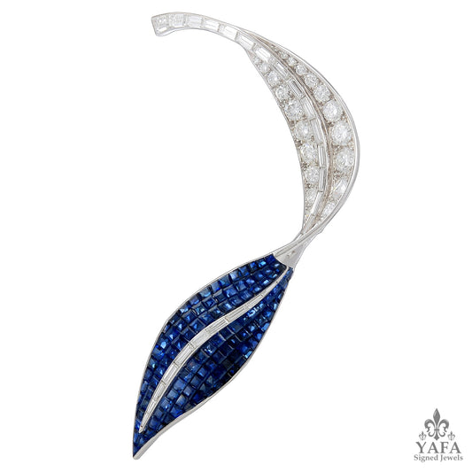 Circa 1960s Platinum Diamond & Invisible Sapphire Brooch