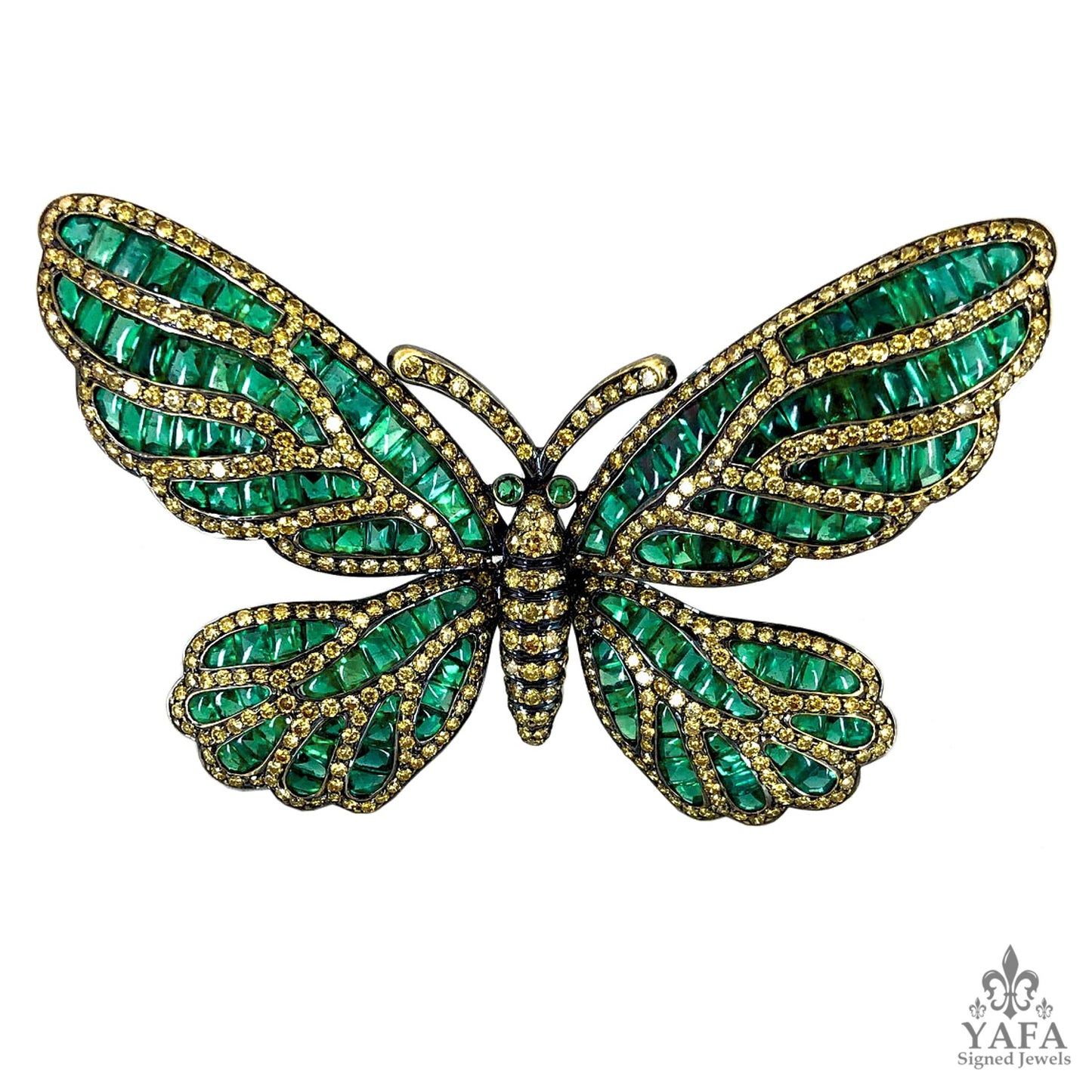 Black Gold Yellow Fancy Diamond, Emerald Butterfly Brooch