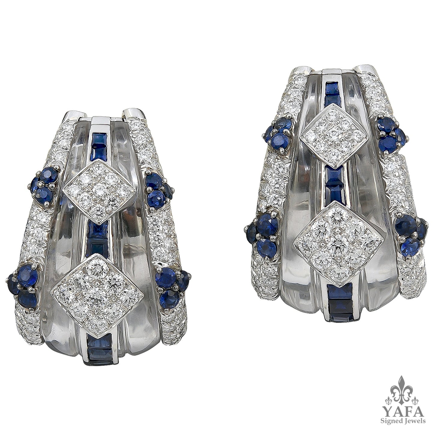 DAVID WEBB Carved Rock Crystal, Sapphire, & Diamond Earrings