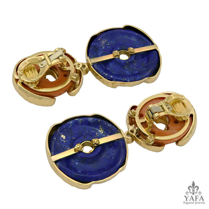 DAVID WEBB Lapis Lazuli, Coral & Diamond Scroll Disk Earrings