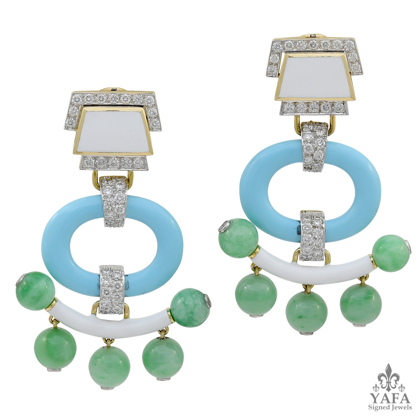 DAVID WEBB Jade, Turquoise, Diamond Pagoda Earrings