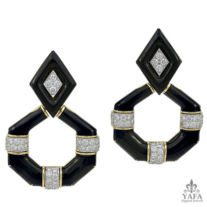 DAVID WEBB Black Enamel Diamond Dangling Earrings