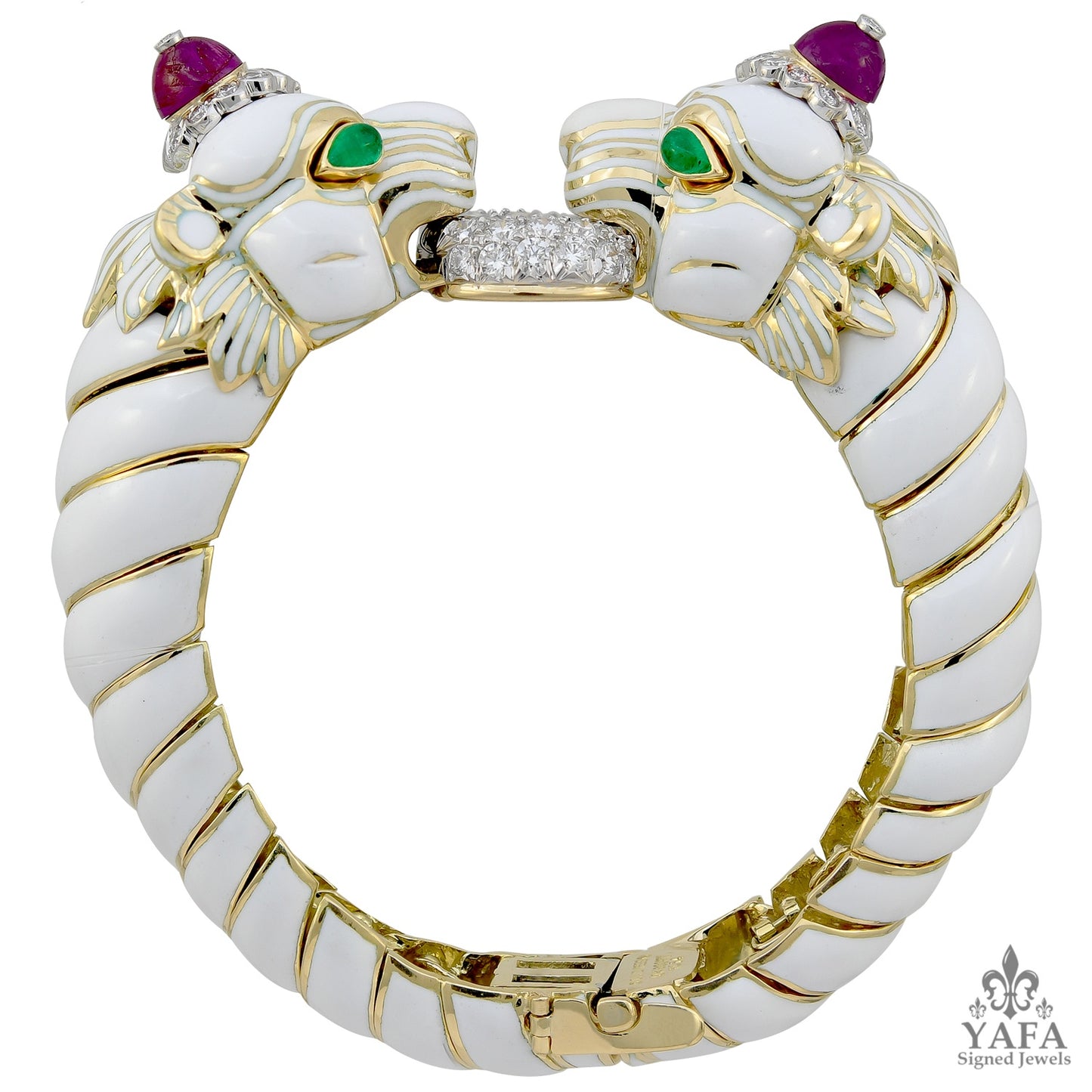 DAVID WEBB Cabochon Ruby, Emerald, Diamond Twin Lion Bracelet