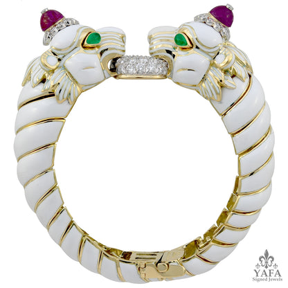 DAVID WEBB Cabochon Ruby, Emerald, Diamond Twin Lion Bracelet