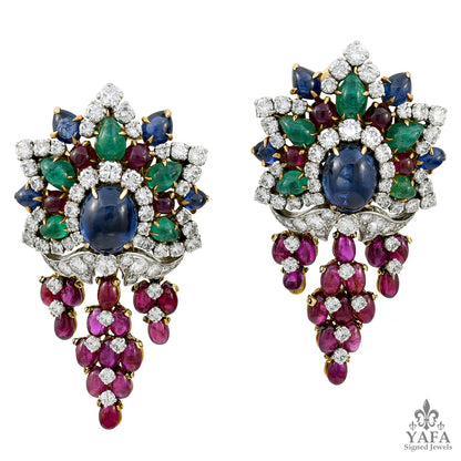 BULGARI Cabochon Sapphire, Ruby, Emerald, Diamond Brooch & Earrings