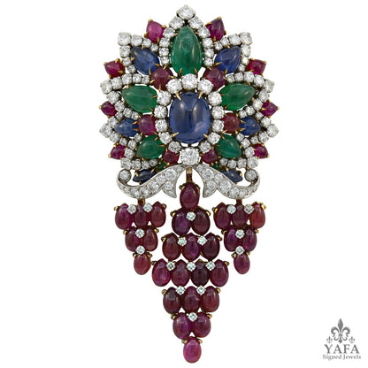 BULGARI Cabochon Sapphire, Ruby, Emerald, Diamond Brooch & Earrings