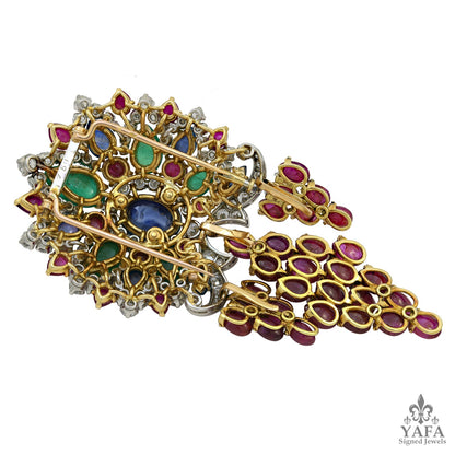 BULGARI Cabochon Sapphire, Ruby, Emerald, Diamond Brooch & Earrings