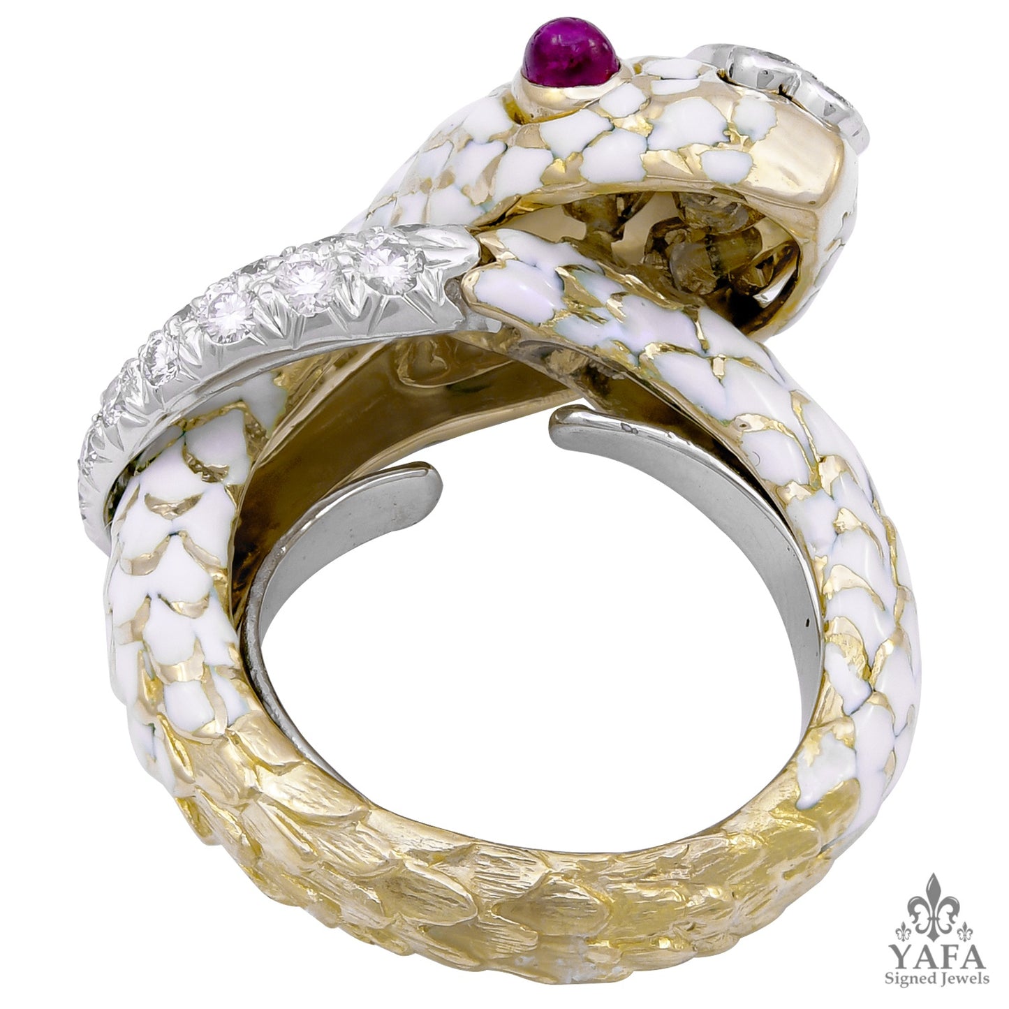DAVID WEBB Cabochon Ruby, White Enamel Snake Ring