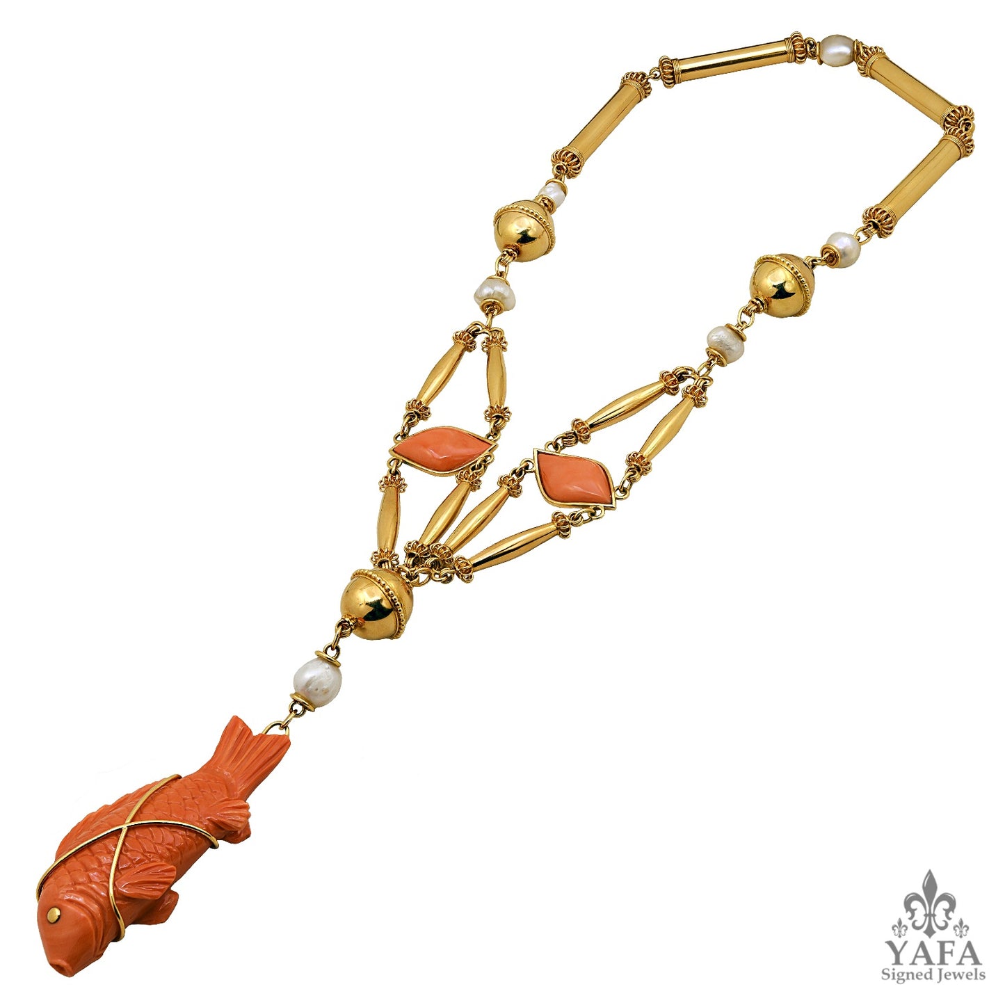 CARTIER Cabochon Carved Coral Fish Necklace