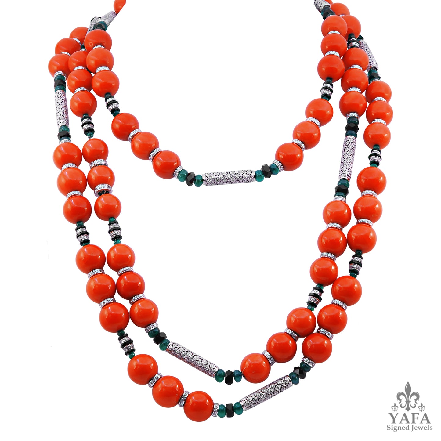 Coral, Onyx, Emerald Bead Gold Necklace