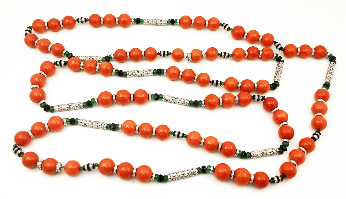 Coral, Onyx, Emerald Bead Gold Necklace
