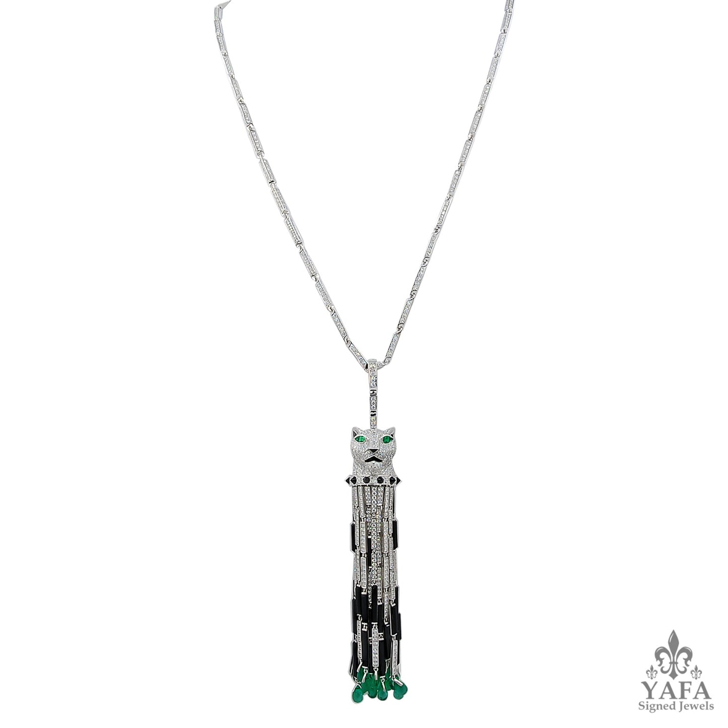 CARTIER Diamond, Onyx, Emerald Panther Tassel Necklace