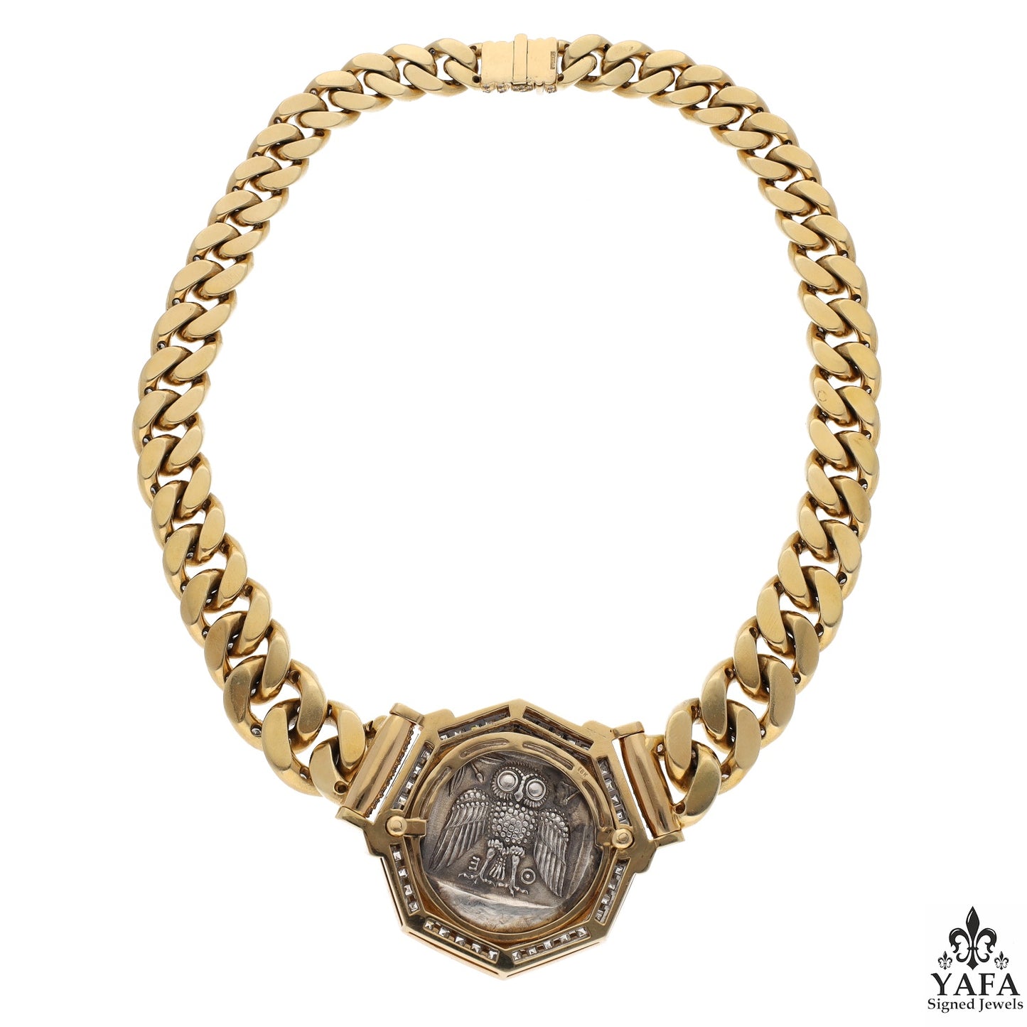 BULGARI Rome Vintage Ancient Greek Coin Full Diamond Set Gold Curb Link Necklace