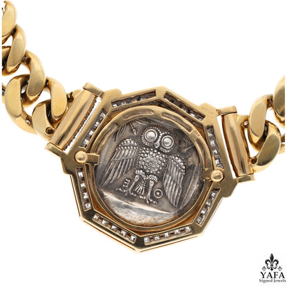 BULGARI Rome Vintage Ancient Greek Coin Full Diamond Set Gold Curb Link Necklace
