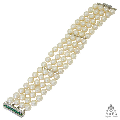 Four Row Pearl, Diamond Emerald Bracelet