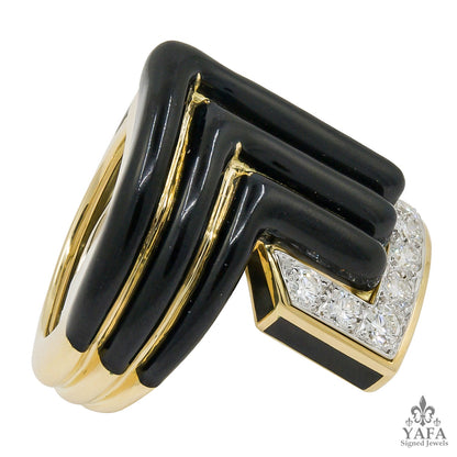 DAVID WEBB Diamond Black Enamel Stella Stripe Ring